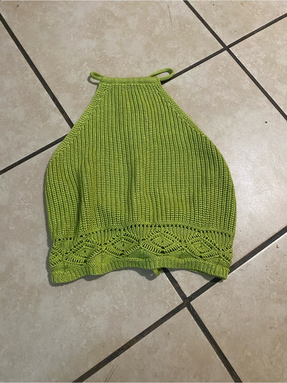 Lime Green Knit Halter Crop Top with Lace Hem